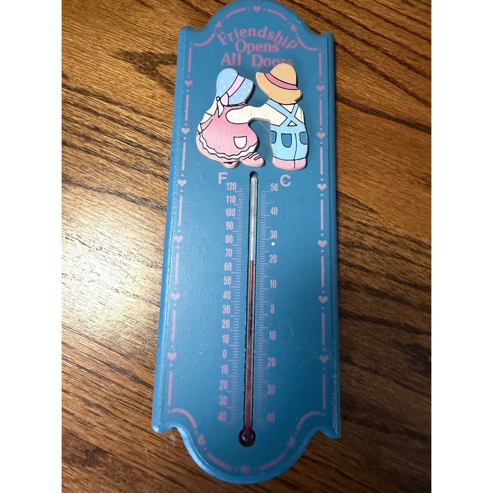 Vintage Friendship Opens All Doors Wood Wall Thermometer Blue Cottagecore Decor